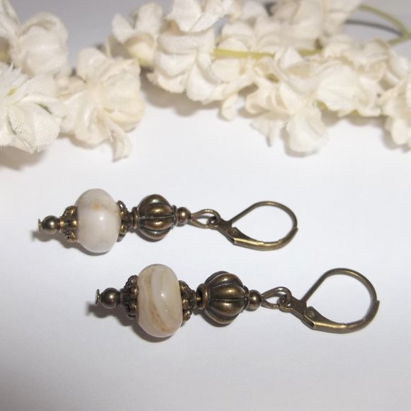 Boho Earrings, Earrings, Cream and Bronze Earrings, Cream Earring, Earring, 7665 - Picture 4 of 8